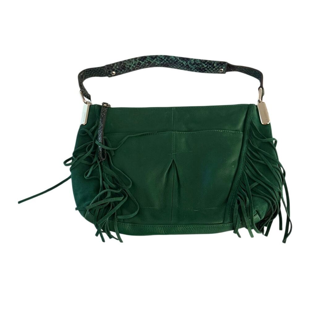 Green Suede Leather Fringe Crossbody Shoulder Bag Snake Embossed Strap